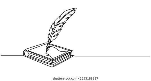 One continuous single drawing line art flat doodle book, pen, feather, antique, paper, indoors, ink, no people, parchment. Isolated image hand draw contour on a white background, Continuous one simple