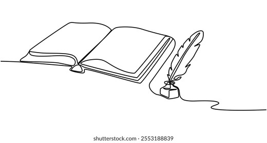 One continuous single drawing line art flat doodle book, pen, feather, antique, paper, indoors, ink, no people, parchment. Isolated image hand draw contour on a white background, Continuous one simple