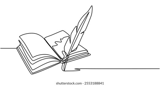 One continuous single drawing line art flat doodle book, pen, feather, antique, paper, indoors, ink, no people, parchment. Isolated image hand draw contour on a white background, Continuous one simple