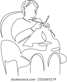 One continuous single drawing line art flat doodle woman sitting in chair, knitting, handicraft, creativity. Isolated image hand draw contour on a white background, hand drawn, not AI