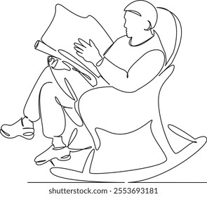 One continuous single drawing line art flat doodle man in rocking chair reading, news, world news, leisure. Isolated image hand draw contour on a white background, hand drawn, not AI