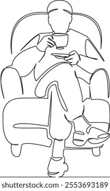 One continuous single drawing line art flat doodle man in chair drinking coffee, resting, break, taste. Isolated image hand draw contour on a white background, hand drawn, not AI