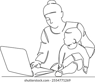 One continuous single drawing line art flat doodle mother, child, work, laptop, business, working with a child. Isolated image hand draw contour on a white background, hand drawn, not AI