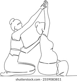 One continuous single drawing line art flat doodle yoga instructor and pregnant woman doing yoga, expecting a baby, sport. Isolated image hand draw contour on a white background, hand drawn, not AI