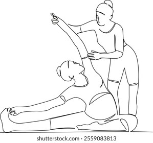 One continuous single drawing line art flat doodle Yoga instructor helping pregnant woman with stretching, practice. Isolated image hand draw contour on a white background, hand drawn, not AI