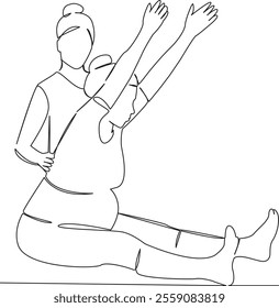 One continuous single drawing line art flat doodle Yoga instructor correcting asana of pregnant women, sport, lifestyle, expecting a child. Isolated image hand draw contour on a white background, hand