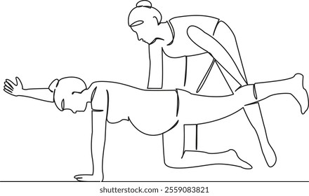 One continuous single drawing line art flat doodle yoga instructor working with pregnant woman, yoga class, child health. Isolated image hand draw contour on a white background, hand drawn, not AI