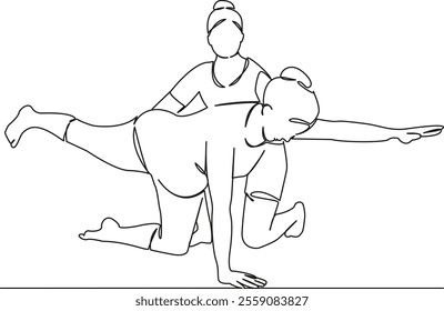 One continuous single drawing line art flat doodle Yoga for pregnant women with a trainer, pregnant, sports, health, expectation. Isolated image hand draw contour on a white background, hand drawn