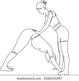 One continuous single drawing line art flat doodle Yoga instructor doing  shvanasana pose for pregnant woman, pregnancy, stretching. Isolated image hand draw contour on a white background, hand drawn,