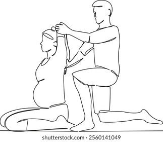 One continuous single drawing line art flat doodle Yoga instructor doing gomukhasana to pregnant woman, yoga, sport pregnancy,  Isolated image hand draw contour on a white background, hand drawn