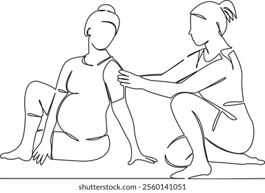 One continuous single drawing line art flat doodle Yoga instructor doing Bharadvajasana pose to pregnant woman, yoga, pregnancy. Isolated image hand draw contour on a white background, hand drawn