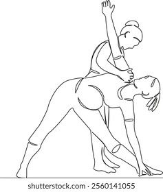 One continuous single drawing line art flat doodle Yoga instructor doing utthita trikonasana to pregnant woman, yoga, sport. Isolated image hand draw contour on a white background, hand drawn