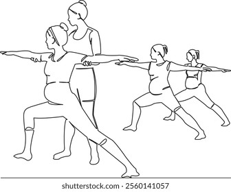 One continuous single drawing line art flat doodle group of pregnant women doing yoga, instructor, trainer helping. Isolated image hand draw contour on a white background, hand drawn, not AI