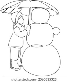 One continuous single drawing line art flat doodle girl covers snowman with umbrella saves snowman winter fun. Isolated image hand draw contour on a white background, hand drawn