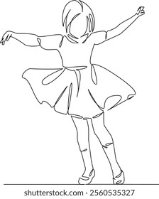 One continuous single drawing line art flat doodle child, person, girl, fun, cheerful, cute, dancing, happy, lifestyle, dancer. Isolated image hand draw contour on a white background, hand drawn