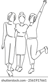 One continuous single drawing line art flat doodle strong friendship, true friendship, fun, friends walking and having fun. Isolated image hand draw contour on a white background, hand drawn
