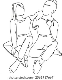 One continuous single drawing line art flat doodle teenage, person, sitting, female, woman, lifestyle, friendship, adult, conversation. Isolated image hand draw contour on a white background, hand dra