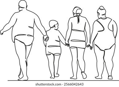 One continuous single drawing line art flat doodle fat family on the beach, gluttony, disease, food culture, medicine, rest. Isolated image hand draw contour on a white background, hand drawn