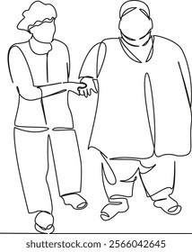 One continuous single drawing line art flat doodle fat man in hospital with nurse rehabilitation lose weight medicine. Isolated image hand draw contour on a white background, hand drawn
