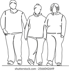 One continuous single drawing line art flat doodle fat teenagers walking, gluttony, teenage obesity, medicine, food. Isolated image hand draw contour on a white background, hand drawn
