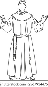 One continuous single drawing line art flat doodle monk; clergyman; catholic; church; service; faith. Isolated image hand draw contour on a white background, hand drawn, not AI