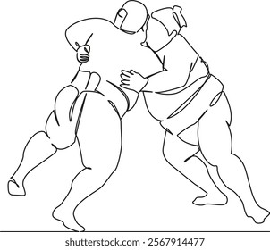 One continuous single drawing line art flat doodle sumo, fight between two sumo wrestlers, sport, religion, betting, japan. Isolated image hand draw contour on a white background, hand drawn, not AI