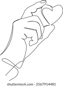 One continuous single drawing line art flat doodle heart in hand heart symbol heart love health heart holds with two fingers. Isolated image hand draw contour on a white background, hand drawn, not AI