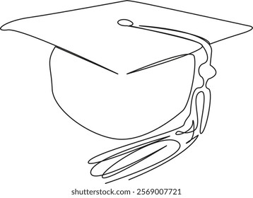 One continuous single drawing line art flat doodle doctor graduation, education, university, achievement,  success, mortarboard, hat, ceremony, diploma. Isolated image hand draw contour on a white bac