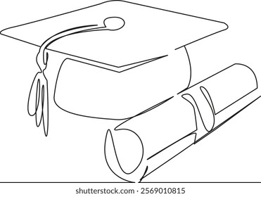 One continuous single drawing line art flat doodle doctor diploma, graduation, success, u achievement, mortarboard, ceremony, hat, learning. Isolated image hand draw contour on a white background, han