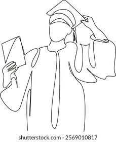 One continuous single drawing line art flat doodle doctor student, graduate, diploma, master, knowledge, studies, training, completion. Isolated image hand draw contour on a white background, hand dra