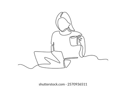 One continuous single drawing line art flat doodle Muslim businesswoman working on laptop, Woman using laptop top view continuous one line drawing. Female office worker.