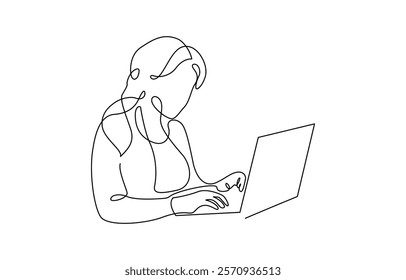 One continuous single drawing line art flat doodle Muslim businesswoman working on laptop, Woman using laptop top view continuous one line drawing. Female office worker.