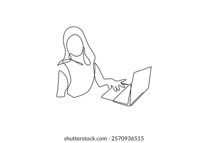 One continuous single drawing line art flat doodle Muslim businesswoman working on laptop, Woman using laptop top view continuous one line drawing. Female office worker.