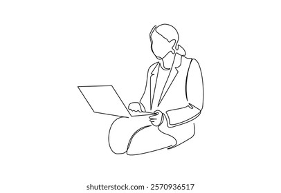 One continuous single drawing line art flat doodle Muslim businesswoman working on laptop, Woman using laptop top view continuous one line drawing. Female office worker.