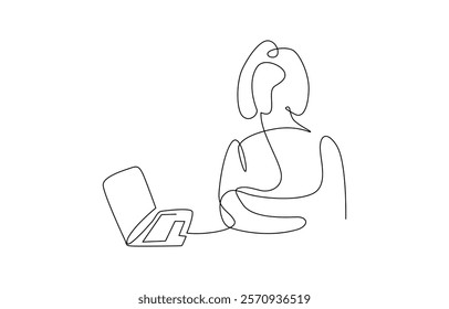 One continuous single drawing line art flat doodle Muslim businesswoman working on laptop, Woman using laptop top view continuous one line drawing. Female office worker.