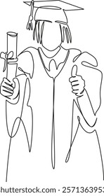 One continuous single drawing line art flat doodle graduation, achievement, education, celebration, girl, outfit, events, hand class. Isolated image hand draw contour on a white background, hand drawn