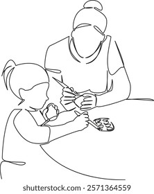 One continuous single drawing line art flat doodle daughter, mother, paint, people, child, easter, fun, females. Isolated image hand draw contour on a white background, hand drawn, not AI