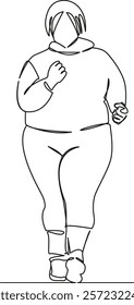 One continuous single drawing line art flat doodle overweight, person, jogging, running, sport, woman, lifestyle, adult, female, outdoors. Isolated image hand draw contour on a white background, hand 