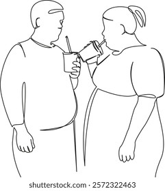 One continuous single drawing line art flat doodle fat, obese, teenager, friendship, happiness, smile, drink, lifestyle. Isolated image hand draw contour on a white background, hand drawn, not AI
