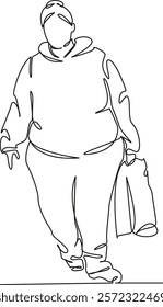 One continuous single drawing line art flat doodle overweight, person, adult, lifestyle, adults only, one person, one woman only, only women. Isolated image hand draw contour on a white background, ha