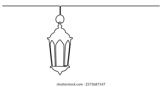 One continuous single drawing line art flat doodle muslim, arabic, lantern, ramadan, lamp, islamic, eid. Isolated image hand draw contour on a white background, hand drawn, not AI, ramadan lamp one. 