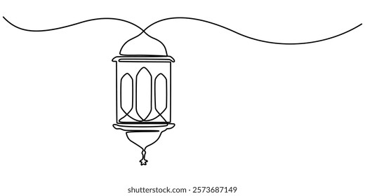 One continuous single drawing line art flat doodle muslim, arabic, lantern, ramadan, lamp, islamic, eid. Isolated image hand draw contour on a white background, hand drawn, not AI, ramadan lamp one. 