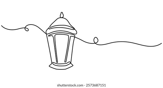 One continuous single drawing line art flat doodle muslim, arabic, lantern, ramadan, lamp, islamic, eid. Isolated image hand draw contour on a white background, hand drawn, not AI, ramadan lamp one. 