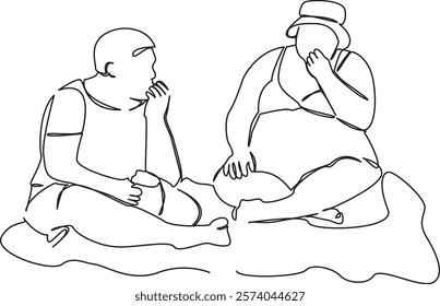 One continuous single drawing line art flat doodle fat woman, fat man, beach, overweight, tan, rest. Isolated image hand draw contour on a white background, hand drawn, not AI