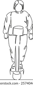 One continuous single drawing line art flat doodle fat woman standing on scales, body positivity, fat, overweight. Isolated image hand draw contour on a white background, hand drawn, not AI