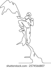 One continuous single drawing line art flat doodle cliff, climbing, adventure, mountain, rope, hiking, rock climbing. Isolated image hand draw contour on a white background, hand drawn, not AI