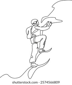 One continuous single drawing line art flat doodle mountain, outdoors, climbing,  adventure, mountain climbing, sport climber. Isolated image hand draw contour on a white background, hand drawn