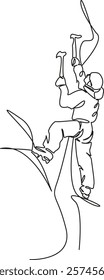 One continuous single drawing line art flat doodle ice axe, outdoors, adventure, mountain climbing, sport climber, people. Isolated image hand draw contour on a white background, hand drawn, not AI