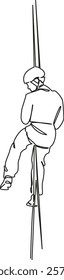 One continuous single drawing line art flat doodle climbing, mountain, cliff, person, rope, adventure, nature, challenge, sport. Isolated image hand draw contour on a white background, hand drawn