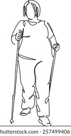 One continuous single drawing line art flat doodle sport, woman, healthy lifestyle, body positivity, overweight, walking, outdoors. Isolated image hand draw contour on a white background, hand drawn